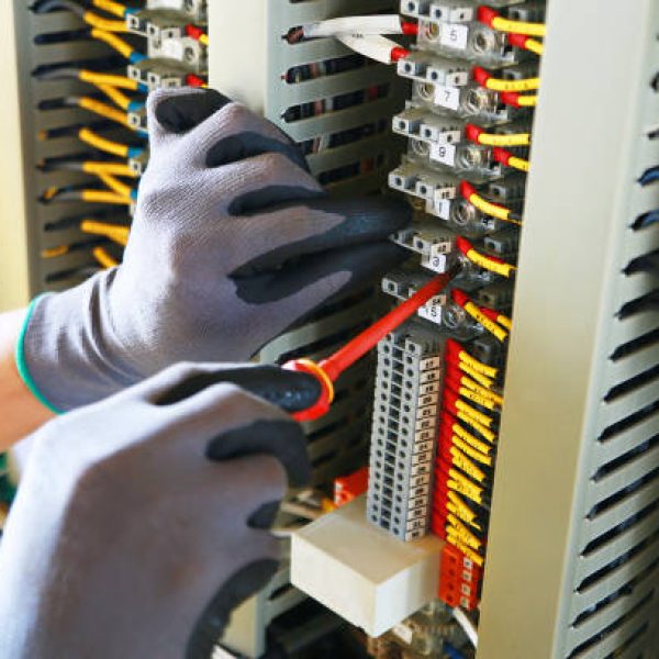 Electrical terminal in junction box and service by technician. Electrical device install in control panel for support program and control function by PLC. routine visit check equipment by technician.